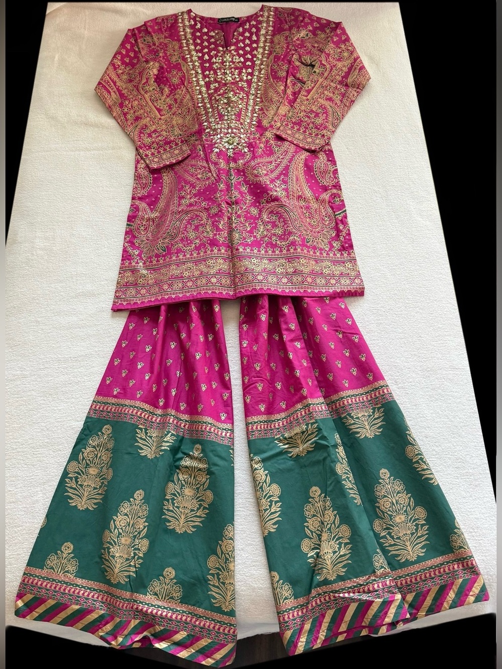 Limelight Pakistani Eid Dress Fuchsia Gold Pink Green Bell Bottom Sharara XS